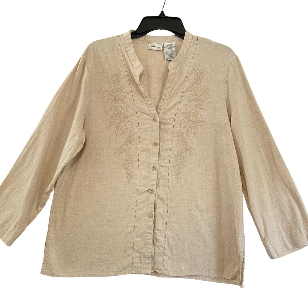White Stag Women Top Beige Natural Color XL  Linen Blend Embroidered Button Down